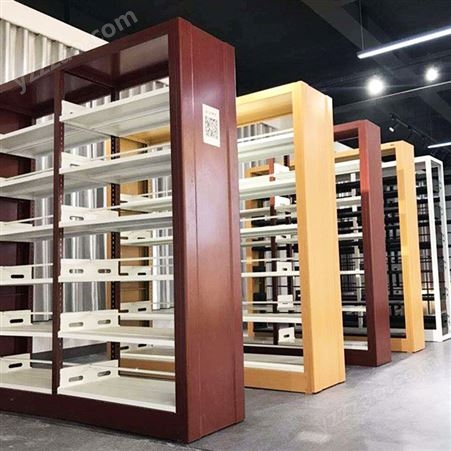 加厚钢制书架 承重力强六层图书架 单双面阅览室钢木书架生产厂家