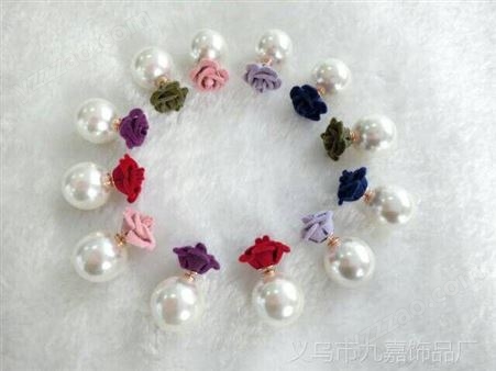 韩版绒花朵 玫瑰花耳钉 前后珍珠配戴韩国耳钉进口耳饰新品