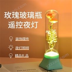 厂家直供创意玫瑰玻璃瓶无线遥控夜灯睡房书房灯摆台灯USB可充电