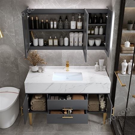 岩板一体现代简约轻奢浴室柜组合落地式洗脸洗手池洗漱台盆卫生间