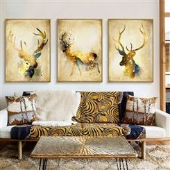 欧式客厅装饰画沙发背景墙画餐厅挂画欧式玄关画抽象发财鹿三组合
